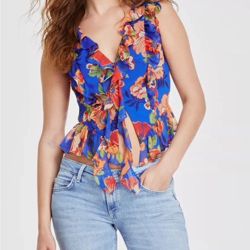 Guess Floral Ruffle Blouse - Blue and Orange